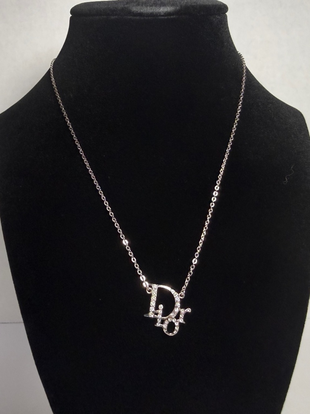 Dior Silver Tone Clear Rhinestone Letter Charm Pendant Cable Chain Necklace
